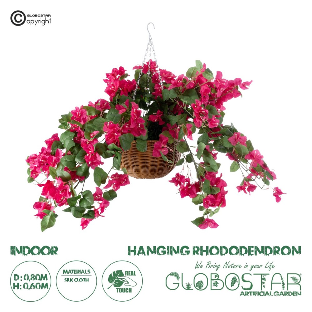 GloboStar® Artificial Garden RHODODENDRON HANGING PLANT 20634 Τεχνητό Κρεμαστό Διακοσμητικό Φυτό Τριανταφυλλιάς Y60cm